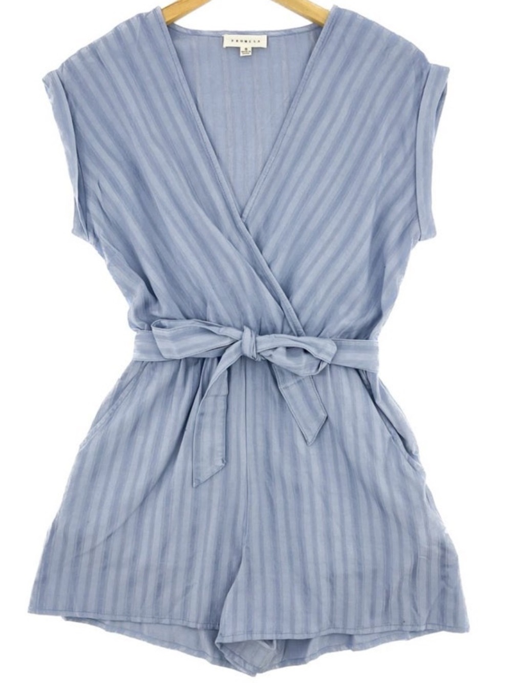 NWT Promesa Striped Belted Blue Romper V-neck Hidden Pockets Tie Waist